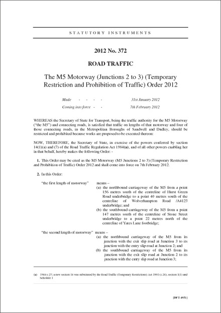 The M5 Motorway (Junctions 2 to 3) (Temporary Restriction and Prohibition of Traffic) Order 2012