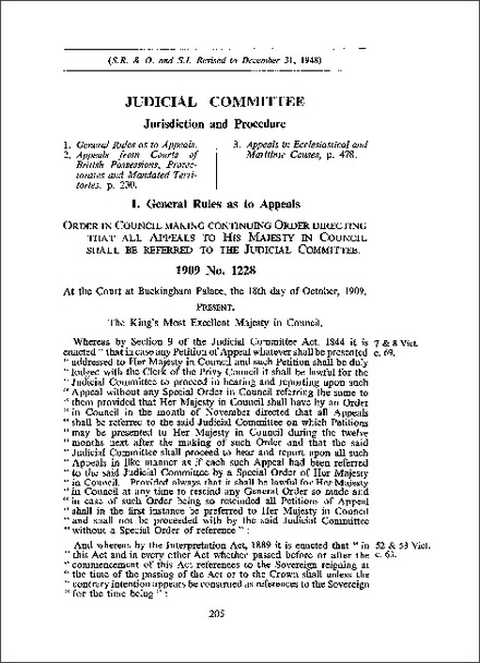 Order in Council making continuing Order directing that all appeals to His Majesty in Council shall be referred to the Judicial Committee (1909)