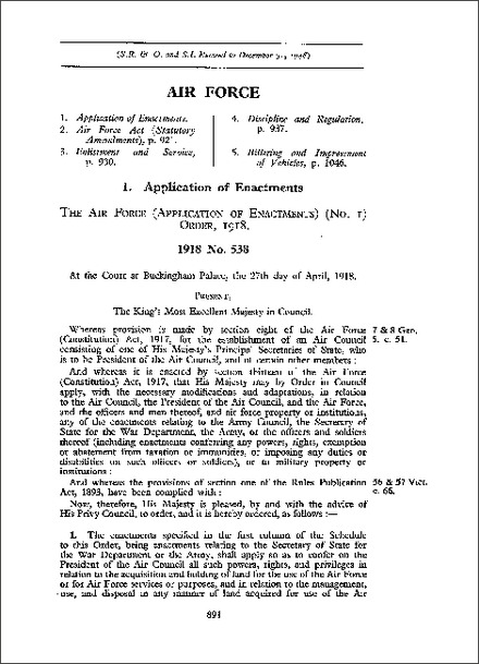 Air Force (Application of Enactments) (No 1) Order 1918