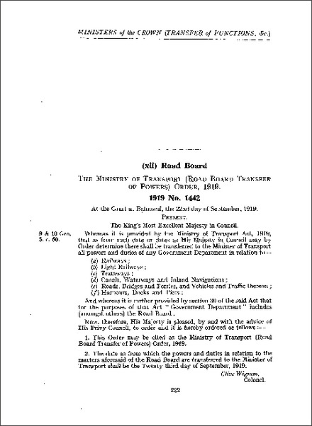Ministry of Transport (Road Board Transfer of Powers) Order 1919