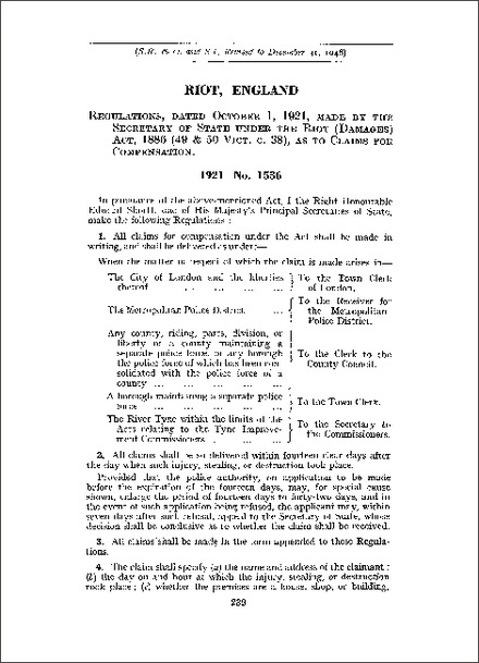 Regulations under the Riot (Damages) Act 1886, as to claims for compensation (1921)
