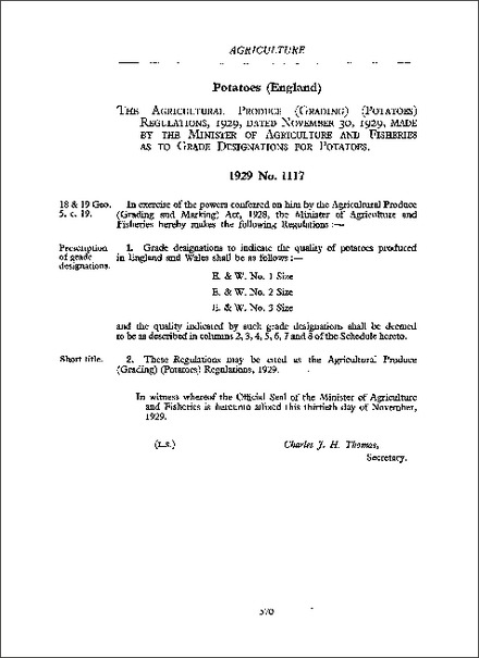 Agricultural Produce (Grading) (Potatoes) Regulations 1929