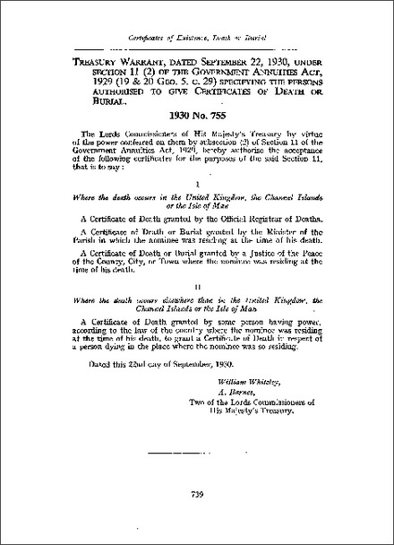 Treasury Warrant under s 11(2) of the Government Annuities Act 1929, specifying the persons authorised to give Certificates of Death or Burial (1930)