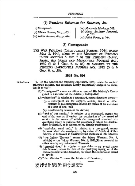 War Pensions (Coastguards) Scheme 1944