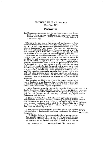 The Electricity (Factories Act) Special Regulations, 1944