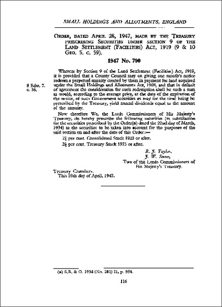 Order, dated April 28, 1947, made by the Treasury prescribing Securities under section 9 of the Land Settlement (Facilities) Act, 1919 (9 & 10 Geo. 5. c. 59)